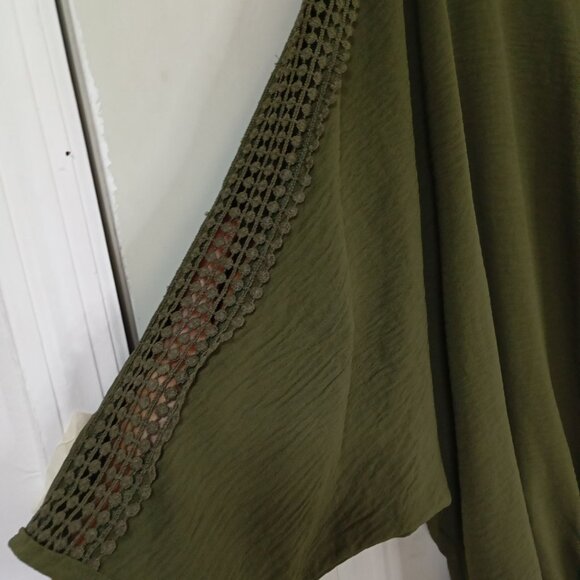 Cha Cha Vente Blouse Crochet Sleeve Detailing Elastic Hem Olive Green 3X Womens - Picture 5 of 9